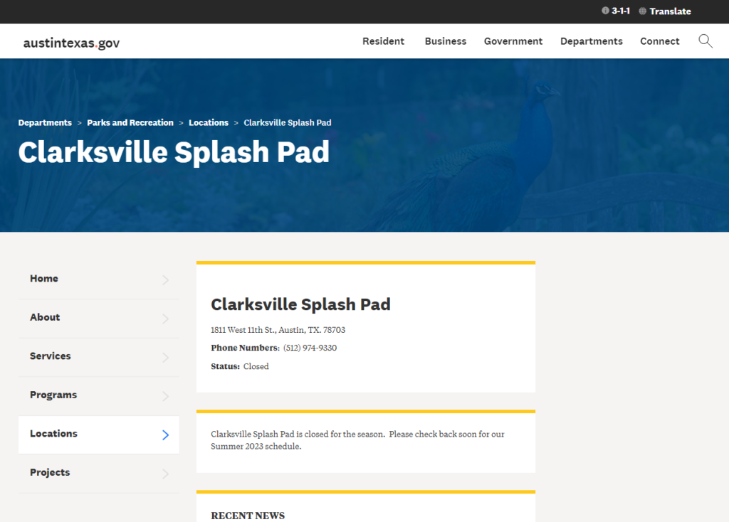 Homepage of Austin Texas (Clarksville Splash Pad) / austintexas.gov