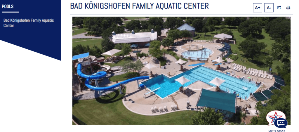 Homepage of Bad Konigshofen Family Aquatic
Link: https://www.arlingtontx.gov/city_hall/departments/parks_recreation/facilities/aquatics/pools/bad_k_nigshofen_family_aquatic_center