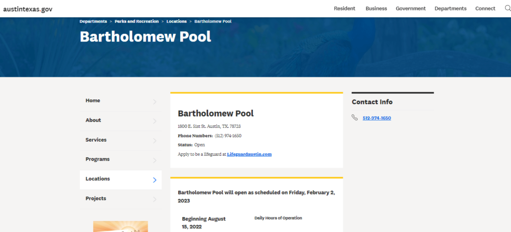 Homepage of Bartholomew Municipal Pool
Link: https://www.austintexas.gov/department/bartholomew-pool