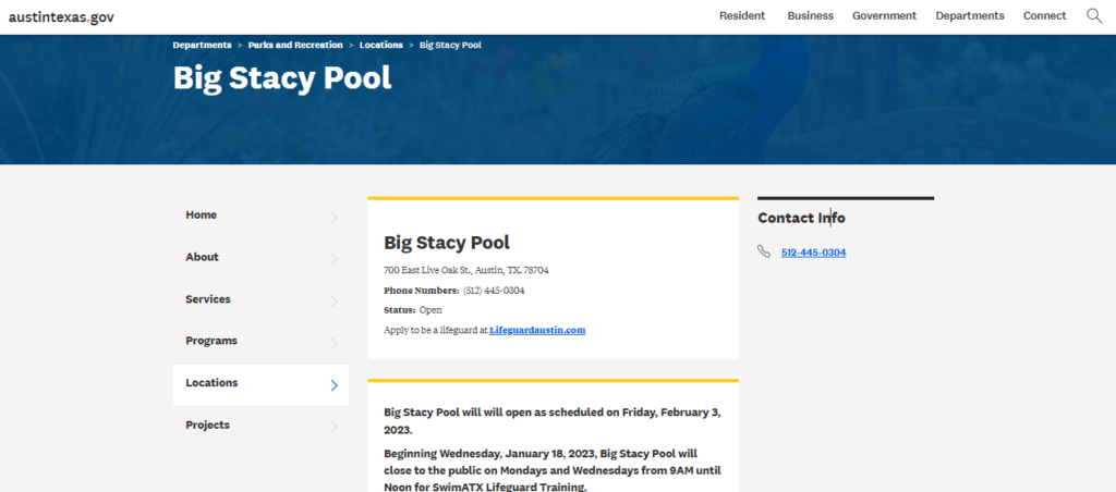 Homepage of Big Stacy Neighborhood Pool
Link: https://www.austintexas.gov/department/big-stacy-pool