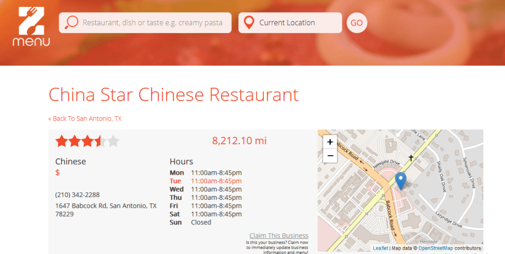 Homepage of China Star Restaurant website/ zmenu.com