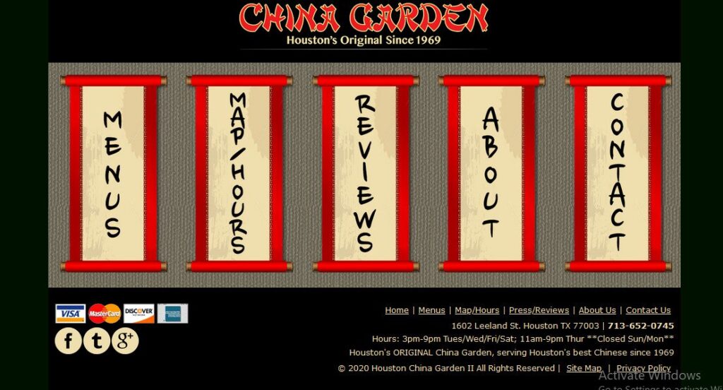 Home page of China Garden Restaurant website/ Chinagardenhuston.com 