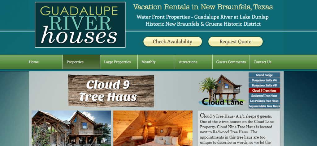 Homepage of The Cloud 9 Treehouse website/ www.guadaluperiverhouses.com