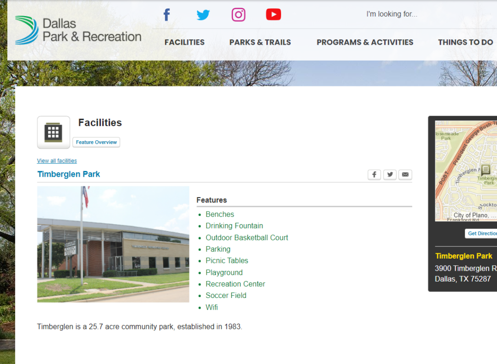 Homepage of Dallas Park & Recreation (Timberglen Park) / dallasparks.org