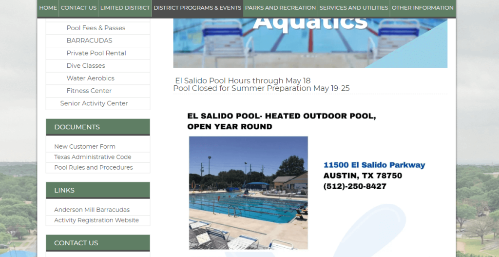 Homepage of El Salido Pool / 
Link: https://amld.org/aquatics-pool-hours