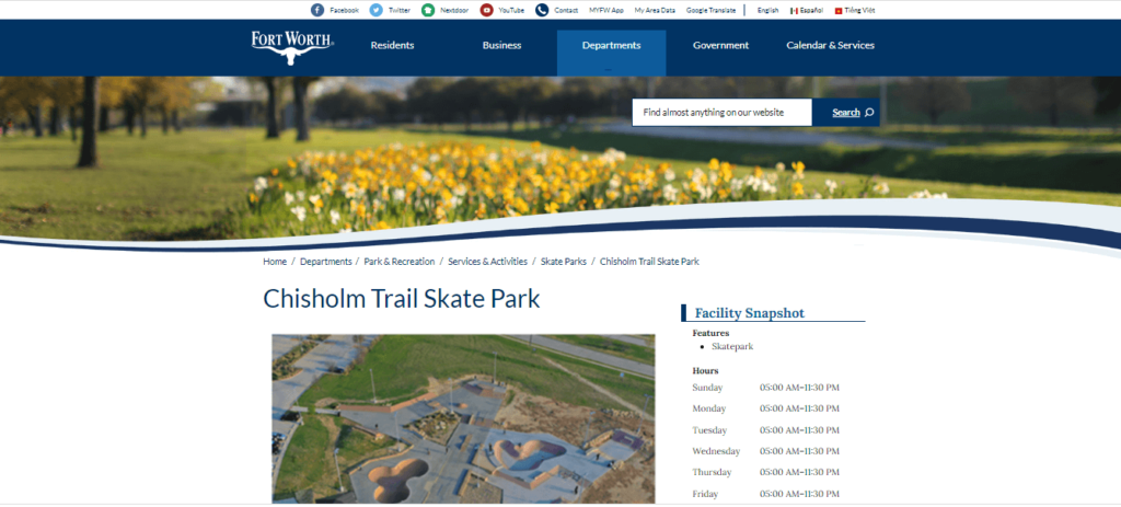 Homepage of Chisholm Trail Skate Park / Link:www.fortworthtexas.gov/departments/parks/services/skate-parks/chisholm-trail-skate-park
