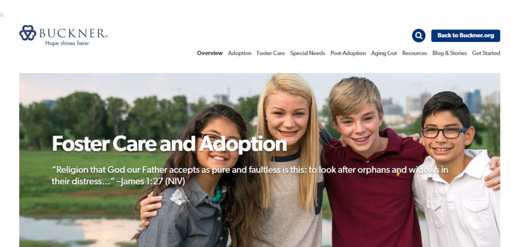 Homepage of Buckner Foster Care and Adoption  agency website / buckner.org