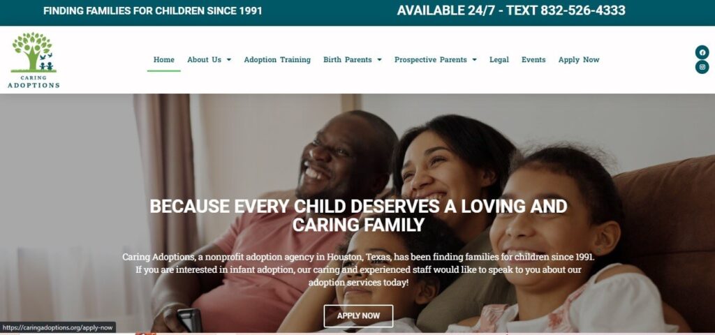 Homepage of Caring Adoptions agency website / caringadoptions.org