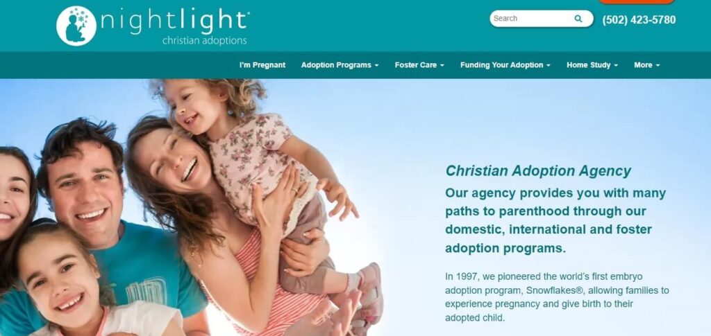 Homepage of Nightlight Christian Adoptions  agency website / nightlight.org
