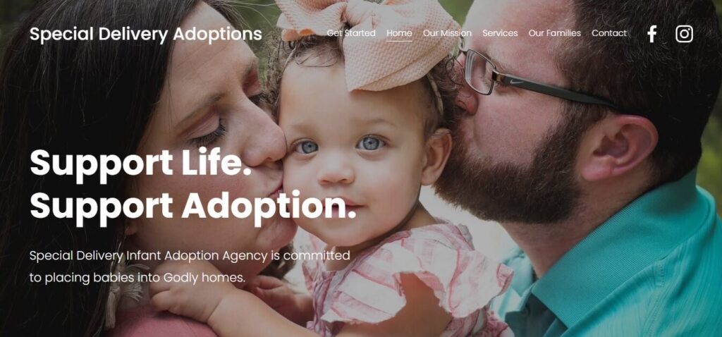 Homepage of Special Delivery Adoptions agency website / specialdeliveryadoptions.org