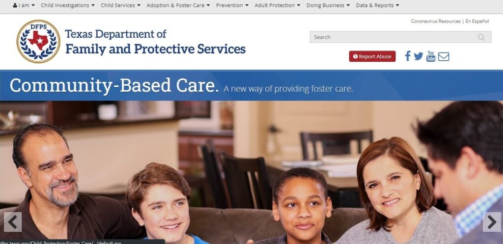 Homepage of Texas Department of Family and Protective Services agency website /dfps.texas.gov