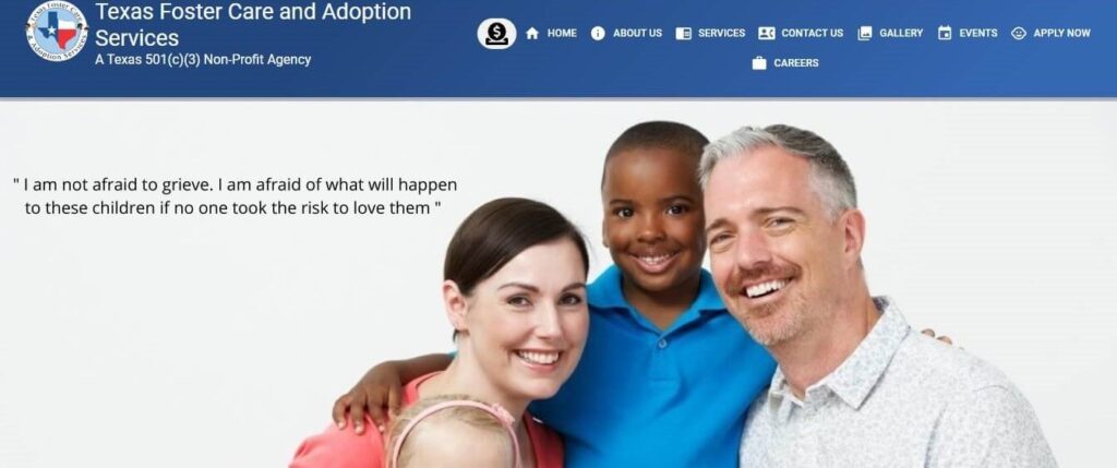 Homepage of Texas Foster Care and Adoption Services’s agency website / texasfostercare.org