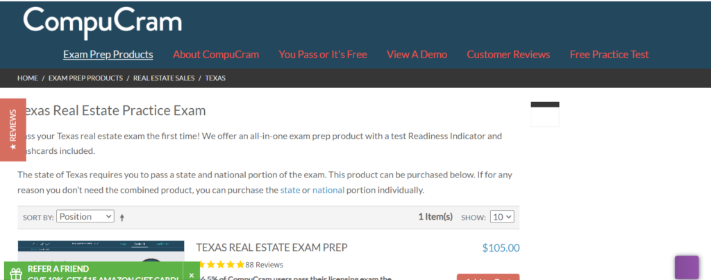 Homepage of compucram / 
Link: https://www.compucram.com/exam-prep/real-estate-sales/texas.html