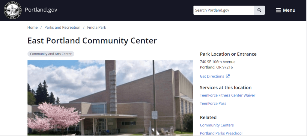 Homepage of east Poland community center / 
Link:www.portland.gov/parks/east-portland-community-center