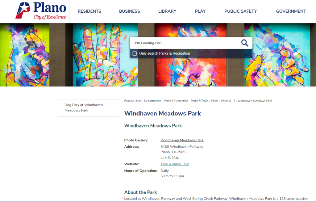 Homepage of plano.gov / 
Link: https://www.plano.gov/1514/Windhaven-Meadows-Park