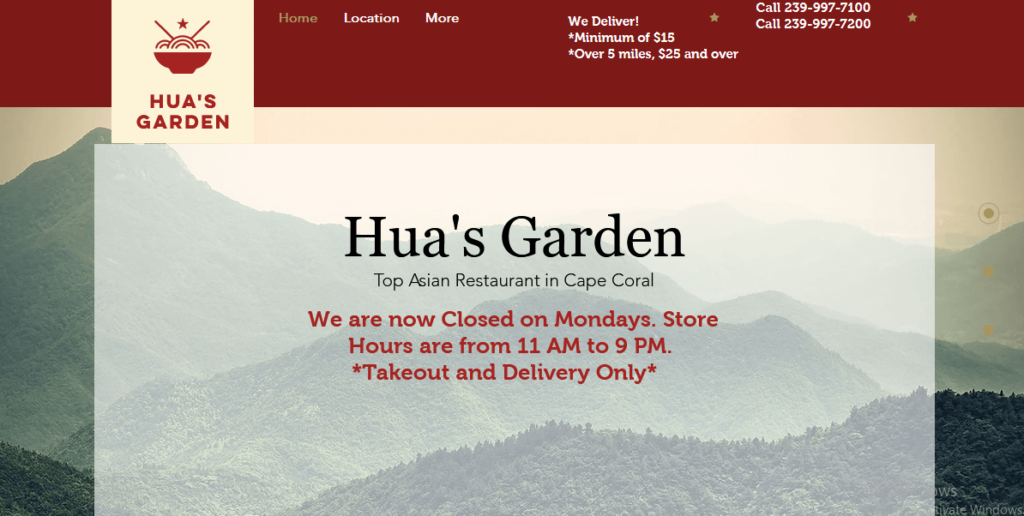 Homepage of Hua's Garden Authentic Chinese Restaurant website/ huasgarden.com