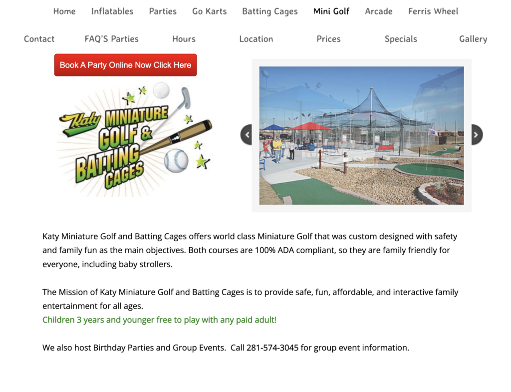 Homepage of Katy Miniature Golf and Batting Cages / Link: katyinflatable.com/mini-golf.html