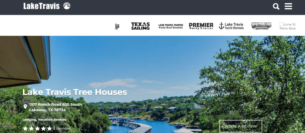 Homepage of The Lake Treehouse in Travis website/ laketravis.com
