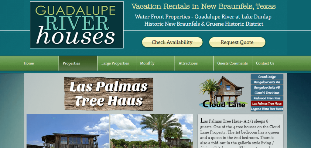 Homepage of The Las Palmas Treehouse website/ www.guadaluperiverhouses.com