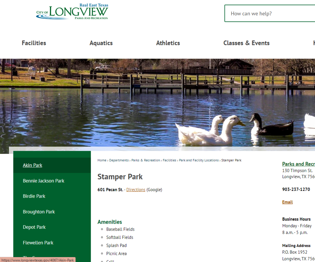 Homepage of Longview Parks & Recreation (Stamper Park) / longviewtexas.gov