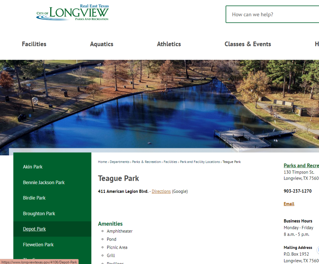 Homepage of Longview Parks & Recreation (Teague Park) / longviewtexas.gov