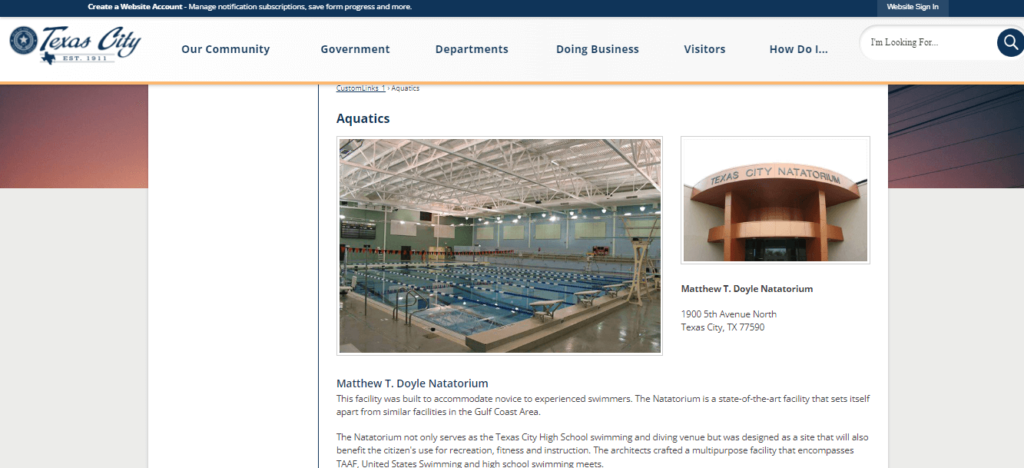 Homepage of Matthew T. Doyle Natatorium
Link: https://www.texascitytx.gov/836/Aquatics
