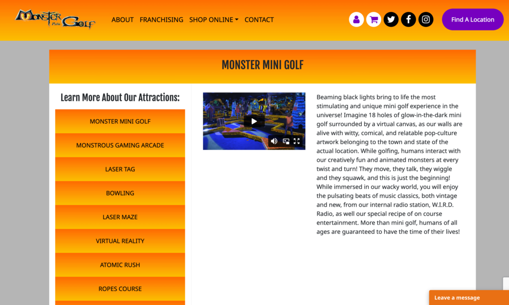 Homepage of Monster Mini Golf / Link: monsterminigolf.com/play/monster-mini-golf