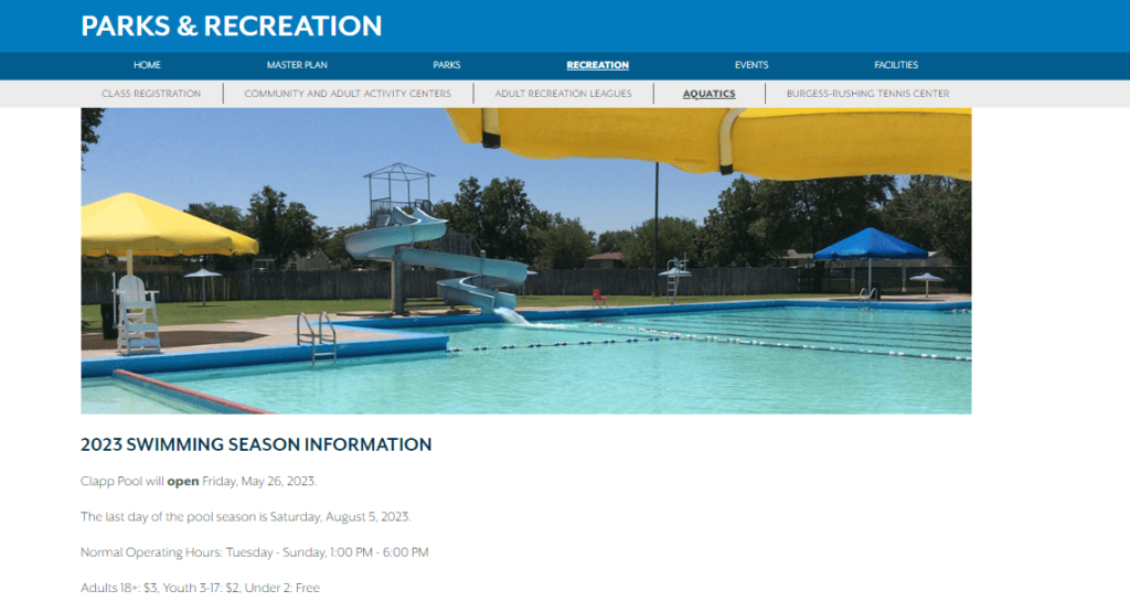 Homepage of Montelongo Swimming Pool /
Link: https://ci.lubbock.tx.us/departments/parks-recreation/recreation/swimming-pools