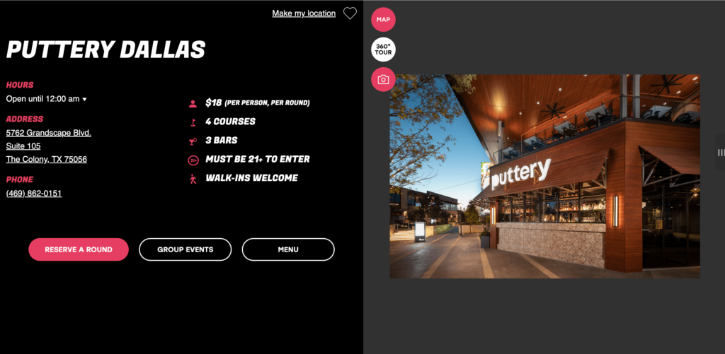 Homepage of Puttery Dallas / Link: puttery.com/locations/dallas/