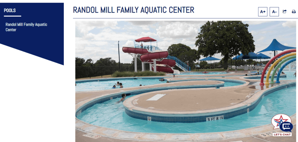 Homepage of Randol Mill Family Aquatic Center /
Link: https://www.arlingtontx.gov/city_hall/departments/parks_recreation/facilities/aquatics/pools/randol_mill_family_aquatic_center