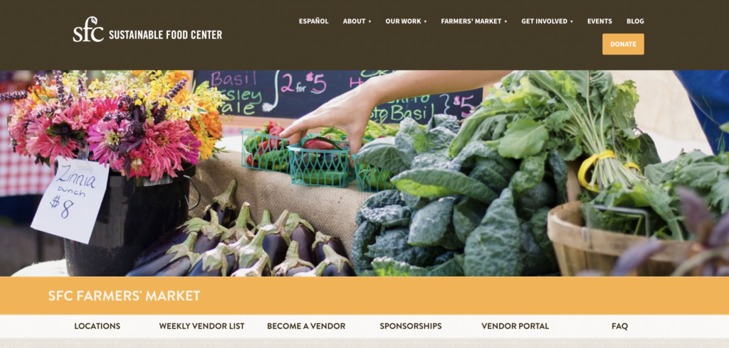 Homepage of SFC Farmers Market Downtown / 
Link: sustainablefoodcenter.org