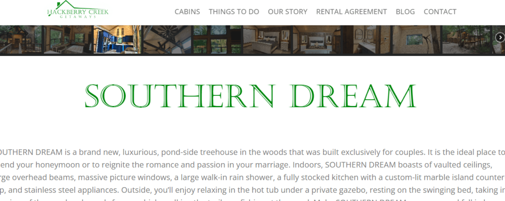 Homepage of The Southern Dream Luxury Treehouse website/ hackberrycreekgetaways.com