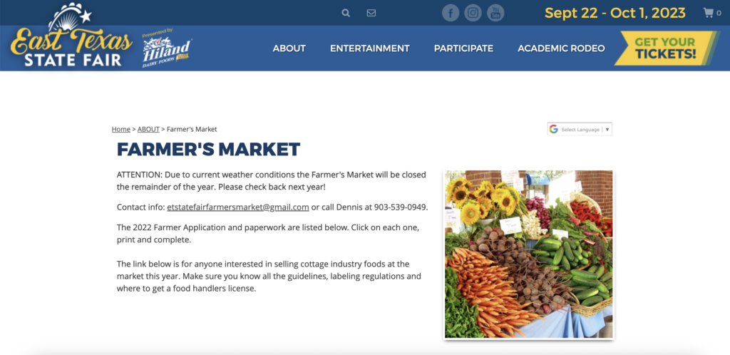 Homepage of The East Texas State Fair Farmers Market / 
Link: etstatefair.com