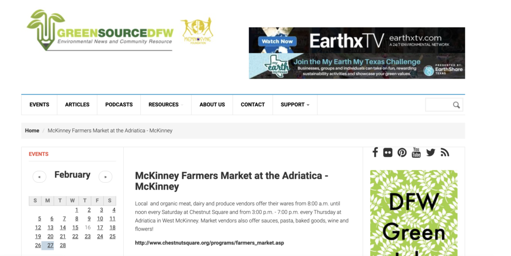 Homepage of The Farmers Market at Adriatica / 
Link: greensourcedfw.org
