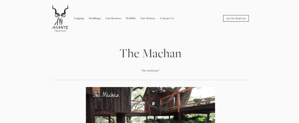 Homepage of The Machan Treehouse website/ stayasante.com