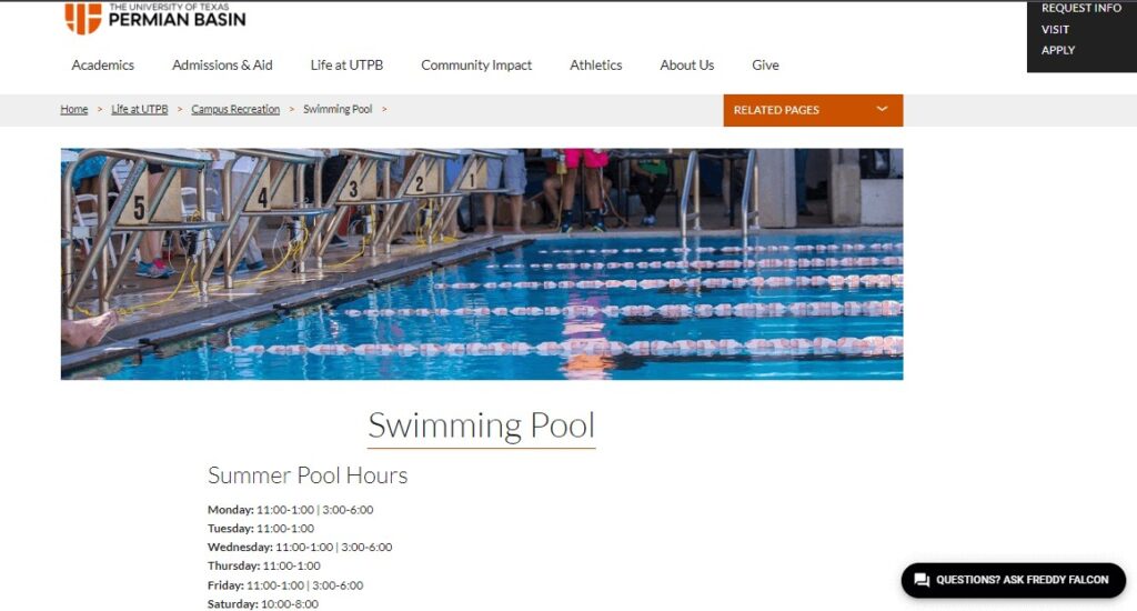 Homepage of UTPB swimming pool
Link: https://www.utpb.edu/life-at-utpb/campus-recreation/swimming-pool