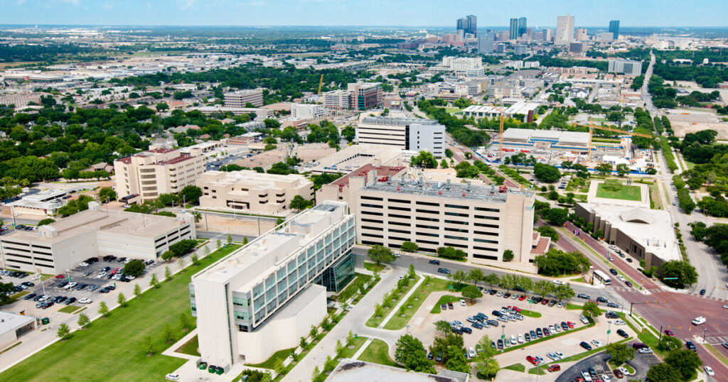 Aerial shot of UNT Osteopathic Medicine/Wikipedia/Sagstroni

Link: https://en.wikipedia.org/wiki/University_of_North_Texas_Health_Science_Center#/media/File:UNTHSC_campus.jpg