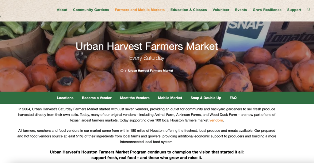 Homepage of Urban Harvest Farmers Market / 
Link: urbanharvest.org
