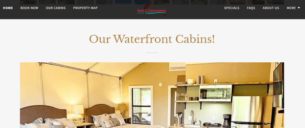 Homepage of The Waterfront Cabins Son's Geronimo website/ https://sonsgeronimo.com/