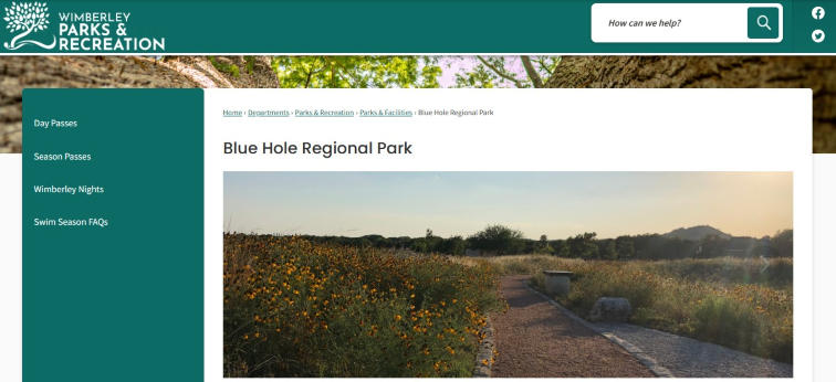Homepage of City of Wimberley, showcasing Blue Hole Regional Park /
Link: https://www.cityofwimberley.com/202/Blue-Hole-Regional-Park