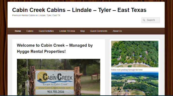 Homepage of Cabin Creek Cabins/
Link: https://cabincreeklindale.com/