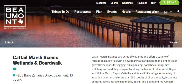 Homepage of Beaumont, showcasing Cattail Marsh Scenic Wetlands and Boardwalk /
Link: https://www.beaumontcvb.com/listing/cattail-marsh-scenic-wetlands-%26-boardwalk/7/