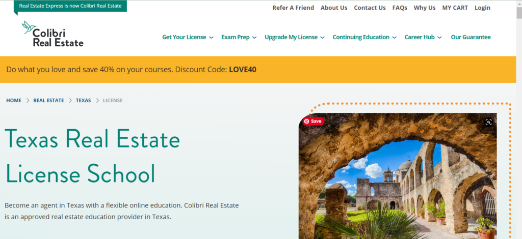 Homepage of Colibri real estate / https://www.colibrirealestate.com/real-estate/texas/license/