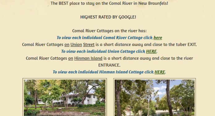 Homepage of Comal River Cottages / 
Link: https://www.comalrivercottages.com/