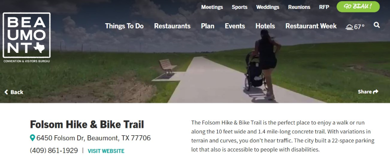 Homepage of Beaumont, showcasing Folsom Hike & Bike Trail /
Link: https://www.beaumontcvb.com/listing/folsom-hike-%26-bike-trail/1588/