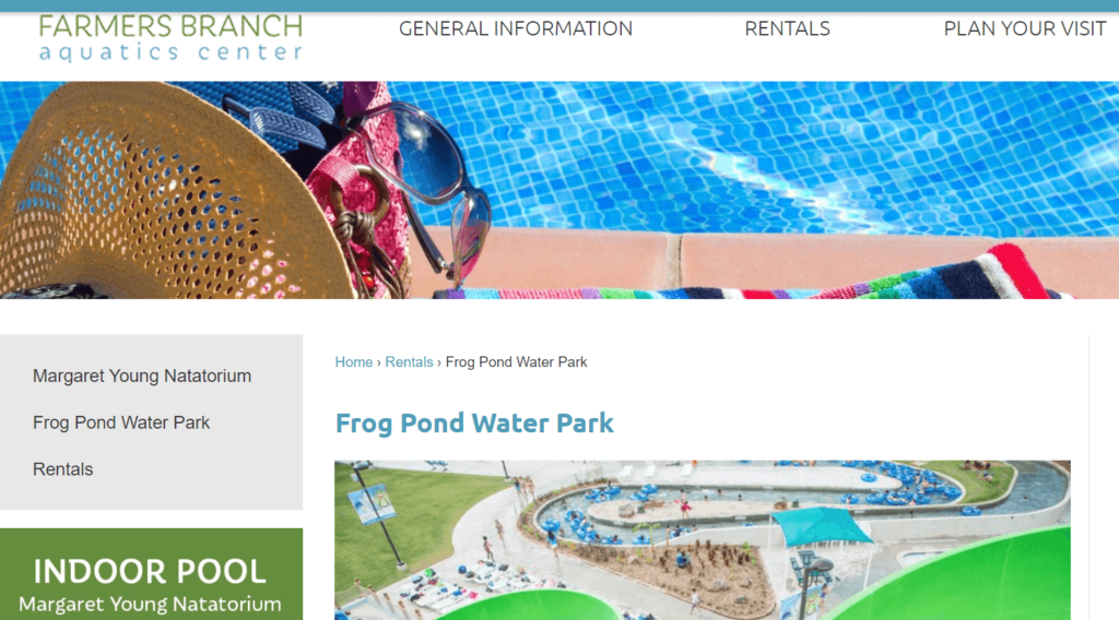 Homepage of Frog Pond Water Park / http://tx-farmersbranchaquatic.civicplus.com/159/Frog-Pond-Water-Park