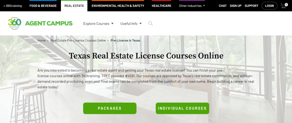 Homepage of 360 learning / 
Link: https://www.360training.com/agent-campus/real-estate-license/texas