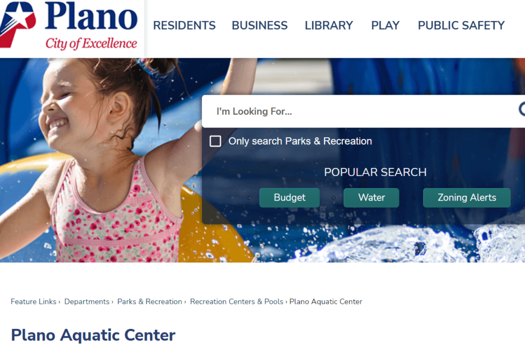 Plano Aquatic Center Homepage / https://www.plano.gov/1433/Plano-Aquatic-Center