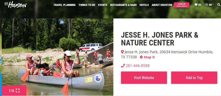 Homepage of Visit Houston, showcasing Jesse H. Jones Park & Nature Center /
Link: https://www.visithoustontexas.com/listings/jesse-h-jones-park-%26-nature-center/20236/