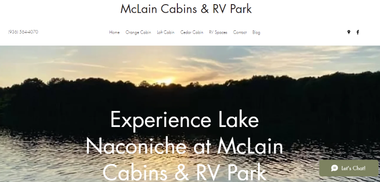 Homepage of McLain Cabins & RV Park / 
Link: https://www.mclaincabinsandrvpark.com/